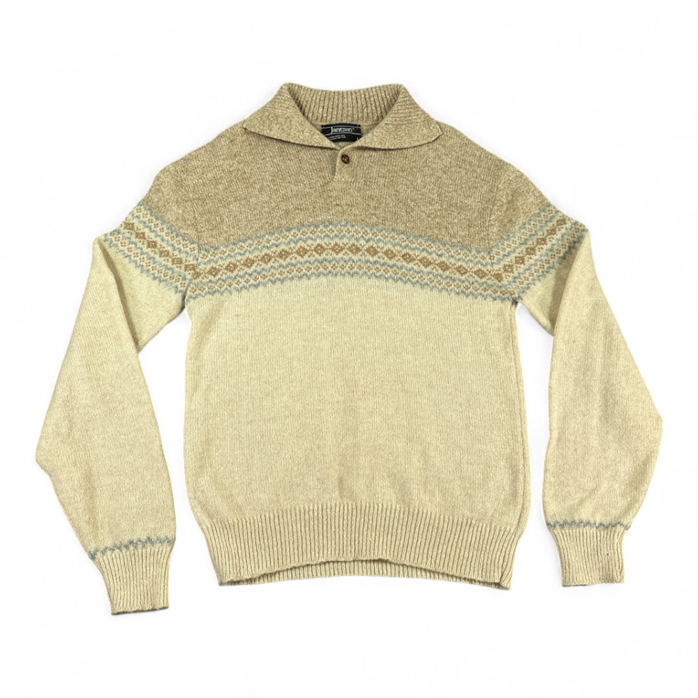 Vintage Jantzen Sweater Adult MEDIUM Brown Cream Fair Isle Mock Neck Collar 70s